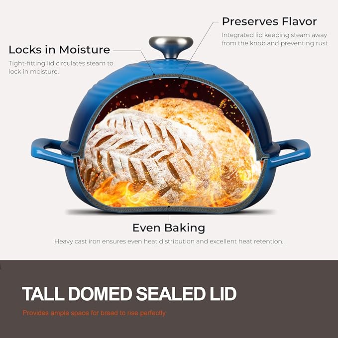 Overmont Enameled Cast Iron Bread Oven - 6QT Bread Dutch Oven for Sourdough Baking - Bread Pot with Dome Lid Cotton Potholders & Cookbook - Multi-Functional Bread Pan For Baking Frying Roasting - Image 4