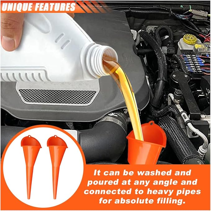 2PCS Long Neck Oil Funnels, Multi-Purpose Spill Saver Funnel, Plastic Funnel for Filling Automotive Oils Lubricants Engine Oils Water Diesel Fuel Kerosene and Other Liquids (2 Orange)