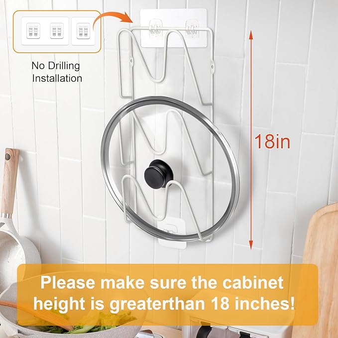 2 Pack Pot-Lid-Organizer, 6-Tier Pots and Pans Lid-Organizer for Cabinet Door/Wall, No Drilling Adhesive Wall/Door Mounted Rustproof Pot-Lid-Holder for Kitchen Organization - White - Image 4