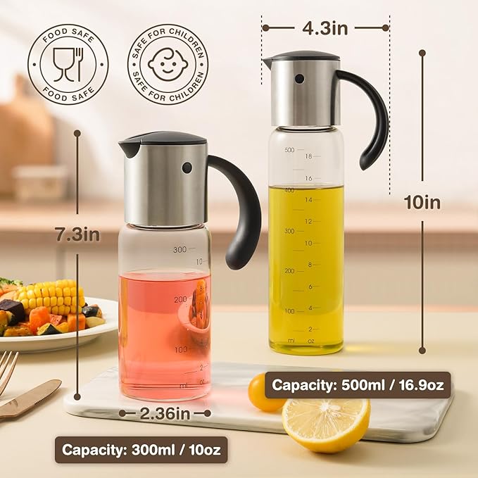 Vucchini Large Olive Oil Dispenser Bottle Kitchen Cooking Oil Dispenser Auto Flip Soy Sauce Container -Stainless Steel Leakproof Vinegar Glass Cruet (10 oz and 17 oz Set) - Image 4