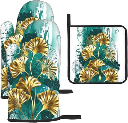 Teal Gold Green Leaves Oven Mitts and Pot Holders Set Heat Resistant Non Slip Set of 3 Decorative Kitchen Gloves Hot Pads for Cooking BBQ Baking Grilling by Unknown