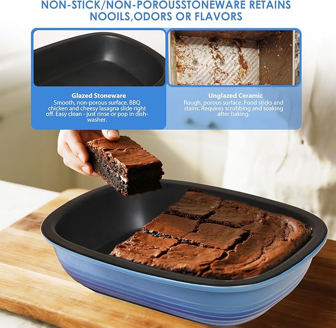 Ceramic Casserole Dish with Lid – 9x13 Stoneware Baking Dish with Lid for Oven, 2.57 Qt Large Deep Casserole Dishes for Oven, Non-Stick Glazed Covered Deep Casserole Dish Lasagna Pan, Dishwasher Safe, Gift for Home Chef (Blue)