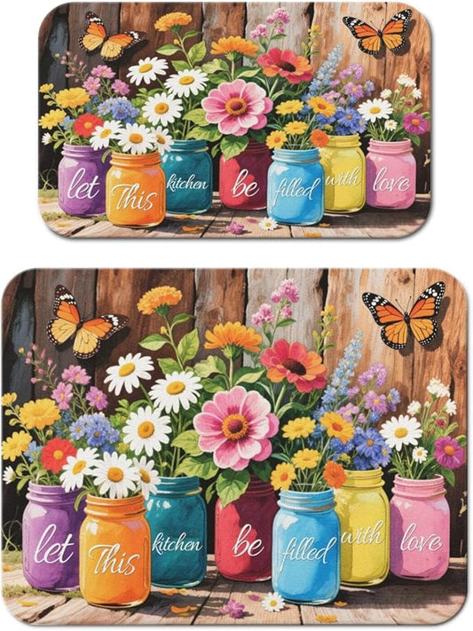 Dish Drying Mat for Kitchen Counter 2 Pack with Non-Slip Rubber Backing - Heat-Resistant Absorbent Coffee Bar Mat, Dish Rack Mat, Farmhouse Floral Wooden Board Dish Drying Mats 18x24+19.5x12 inch