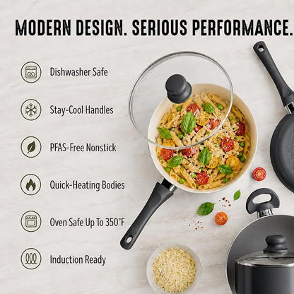 GreenLife 16-Piece Nonstick Cookware Set, Non-Toxic Ceramic Pots and Pans Set, Durable Healthy Kitchen Essentials, Fast Heating, Induction Ready, Easy Clean Dishwasher Safe, PFAS-Free, Graphite Black