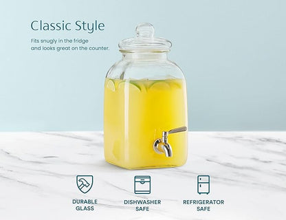 Kook Glass Drink Dispenser, with Leak-Proof Stainless Steel Spigot and Customizable Label Tag, Clear Mason Jar, Beverage Storage for Fridge, for Water, Iced Tea, Sangria, Lemonade, 1.25 Gallon