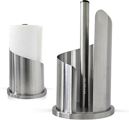 Stainless Steel Paper Towel Holder Countertop, Modern Spiral Cover Design,Weighted Base for Stability, Freestanding Easy One-Handed Operation for Kitchen Bathroom (Brushed Silver)