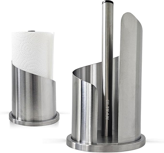 Stainless Steel Paper Towel Holder Countertop, Modern Spiral Cover Design,Weighted Base for Stability, Freestanding Easy One-Handed Operation for Kitchen Bathroom (Brushed Silver)