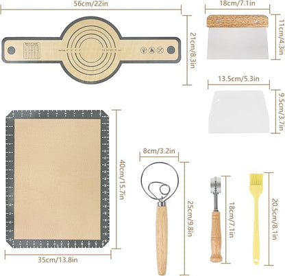 Bread Making Tools Set of 7, Including Silicone Pastry Mat, Round Baking Mat, Sourdough Danish Dough Whisk, Bread Lame Dough Scoring, Bread Scraper Dough Cutter, Perfect Gifts for Baker