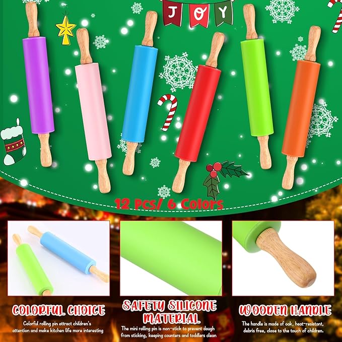 Dandat 12 Pcs Small Rolling Pin Kids 12 Inch Mini Silicone Rolling Pin for Baking Non Stick Kids Dough Roller with Wooden Handle for Kitchen Cookie Pastry Fondant Cake 6 Colors - Image 3