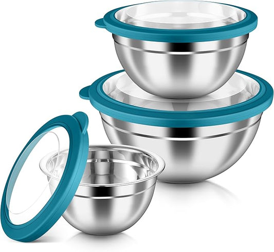 HaWare Mixing Bowls with Airtight Clear Lids, 6-Piece Stainless Steel Strong Nesting Bowls Set, Metal Salad Bowl for Cooking, Prepping, Baking, Serving & Food Storage, Size 4.6, 3, 1.5QT, Teal Blue by HaWare