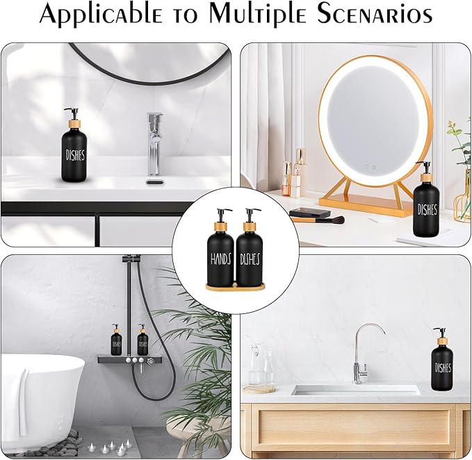 Arktek Glass Soap Dispenser Set with Tray, 2 Pack Hand and Dish Soap Dispenser Set for Bathroom and Kitchen Bottle Dispenser with Dish Soap, Hand Soap, Lotion 17 Oz (2 Black) - Image 7