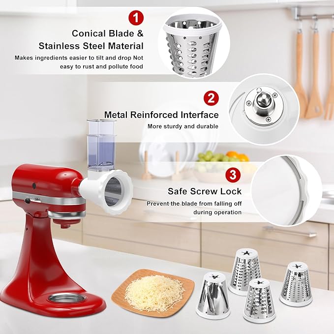 Upgraded Version - Cheese Grater Slicer Shredder Attachments for All KitchenAid Stand Mixers, Food Slicers Salad Maker Accessory Vegetable Chopper with 4 Blades Dishwasher Safe - Image 3
