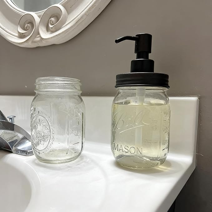 Amolliar Mason Jar Liquid Soap Dispenser Lid, 304 Stainless Steel Pump Lid for 16oz Regular Mouth Mason Jar, Rustic Farmhouse Decor, Hand Soap, Dish Soap, Lotion Soap, Black 6 Pack, Extra 3 Long Tubes