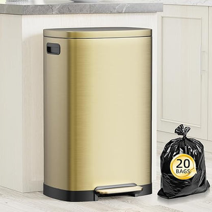 KdbK 13 Gallon Trash Can with Lid, 50L Fingerprint Proof Stainless Steel Kitchen Trash Can with Removable Inner Bucket and Lid Soft Close, Pedal Rubbish Bin for Home Office, Gold by trashcan
