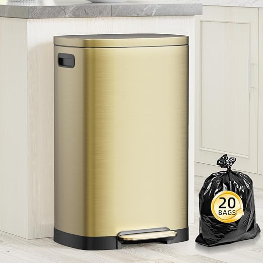 KdbK 13 Gallon Trash Can with Lid, 50L Fingerprint Proof Stainless Steel Kitchen Trash Can with Removable Inner Bucket and Lid Soft Close, Pedal Rubbish Bin for Home Office, Gold by trashcan