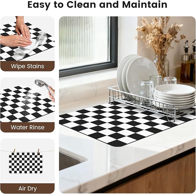 16" x 24" Checkered Dish Drying Mat for Kitchen Counter, Absorbent Coffee Bar Mat for Espresso Machine Coffee Countertops Accessories, Black - Image 7