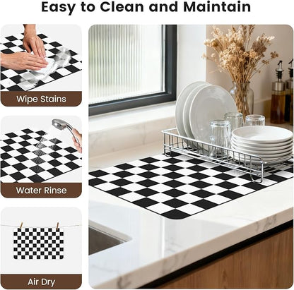 16" x 24" Checkered Dish Drying Mat for Kitchen Counter, Absorbent Coffee Bar Mat for Espresso Machine Coffee Countertops Accessories, Black - Image 7
