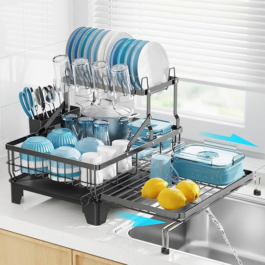 GSlife Large 2 Tier Dish Drying Rack, Expandable Heavy-Duty Dish Rack for Kitchen Counter, Rust-Resistant Dish Drainer with Utensil & Cup Holder, Auto-Drain, 16.9" W x 14.4"-22.4" L, Black by GSlife