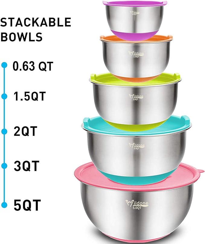 Wildone Mixing Bowls with Airtight Lids Set, 5PCS Stainless Steel Nesting Bowls for Kitchen, with Grater Attachments & Non-Slip Bottoms, Size 5, 3, 2, 1.5, 0.63 QT, for Baking & Serving (Colorful) - Image 7