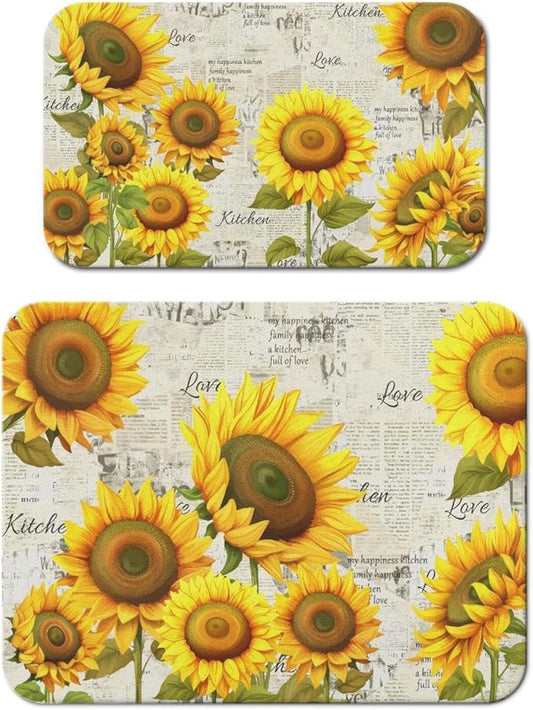 Dish Drying Mat for Kitchen Counter 2 Pack with Non-Slip Rubber Backing - Heat-Resistant Absorbent Coffee Bar Mat, Dish Rack Mat, Sunflower Dish Drying Mats 18x24+19.5x12 inch