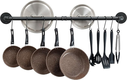 OROPY 38 inch Pot Bar Rack Wall Mounted Detachable Pans Hanging Rail Kitchen Lids Utensils Hanger with 14 S Hooks Black by OROPY