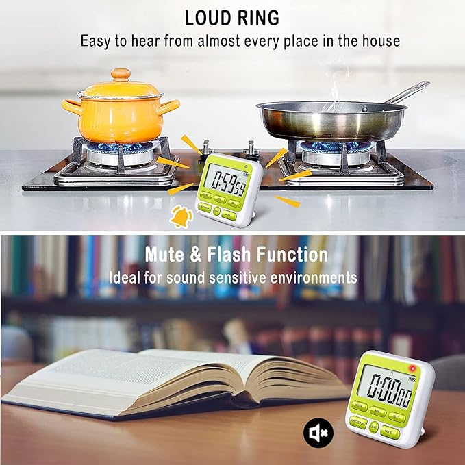 KTKUDY Digital Kitchen Timer with Mute/Loud Alarm Switch ON/Off Switch, 12 Hour Clock & Alarm, Memory Function Count Up & Count Down for Kids Teachers Cooking, Large LCD Display, Strong Magnet (Green) - Image 3