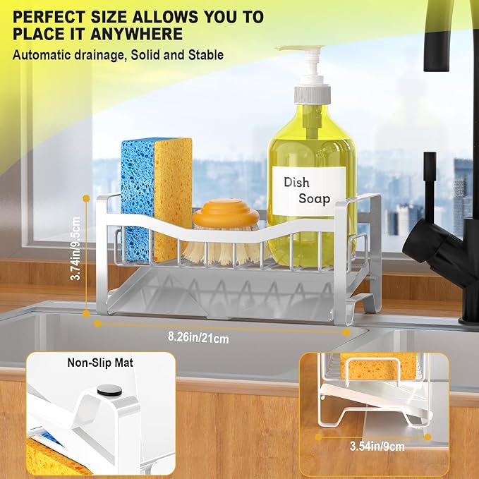 Maifan Stainless Steel Kitchen Sink Caddy Organizer with Auto Drain Tray, Sponge Holder for Countertop Storage (White) - Image 6