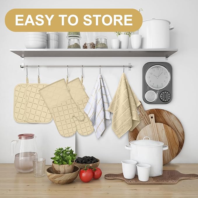 Oven Mitts Pot Holders Sets/Kitchen Towels and Dishcloths, Oven Gloves Kitchen Dish Towels 500 Degree Heat Resistant Potholders with Non-Slip Silicone Surface for Cooking, Grilling, Baking-Beige - Image 6
