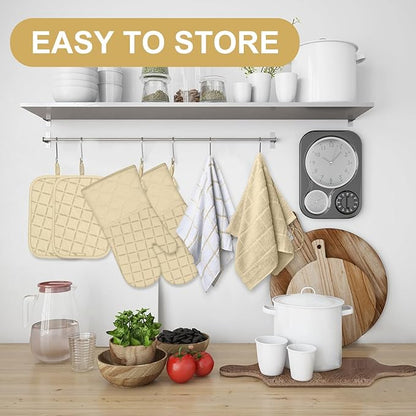 Oven Mitts Pot Holders Sets/Kitchen Towels and Dishcloths, Oven Gloves Kitchen Dish Towels 500 Degree Heat Resistant Potholders with Non-Slip Silicone Surface for Cooking, Grilling, Baking-Beige - Image 6