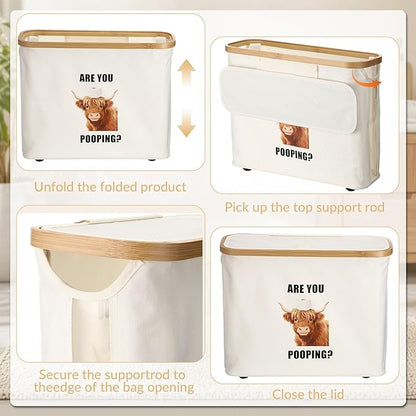 Toilet Paper Basket with Lid & Bamboo Handle, Highland Cow are You Pooping Toilet Paper Storage Holder Waterproof Oxford Bathroom Organizer, Free Standing Tissue Holder for 9-12 Rolls