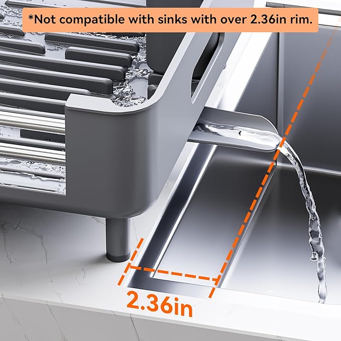 Urackify Stainless Steel Dish Drying Rack - Dish Drainer for Kitchen Counter, Extendable Drainboard with Foldable, Space-Saving Cup & Bowl Organizer, Includes Knife and Utensil Holder, Gray - Image 7