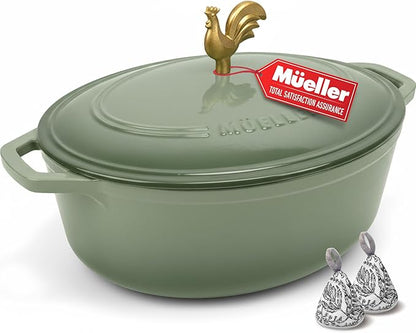 MUELLER HOME 5.5 Quart Enameled Cast Iron Oval Dutch Oven w Rooster Knob & Cotton Potholders, Heavy-Duty Cookware, Oven-Safe up to 500° F & Across All Cooktops, Gifts for Grandma & Women, Thyme Green by MUELLERHOME