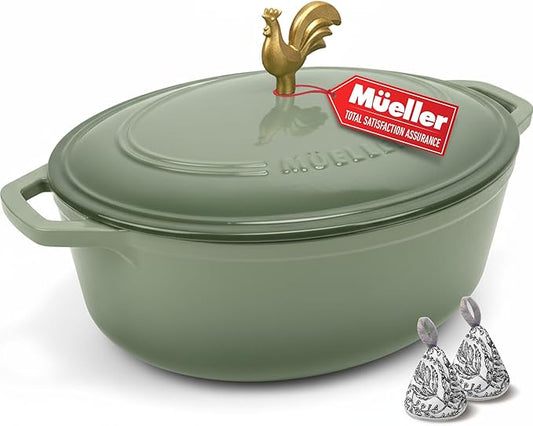MUELLER HOME 5.5 Quart Enameled Cast Iron Oval Dutch Oven w Rooster Knob & Cotton Potholders, Heavy-Duty Cookware, Oven-Safe up to 500° F & Across All Cooktops, Gifts for Grandma & Women, Thyme Green by MUELLERHOME