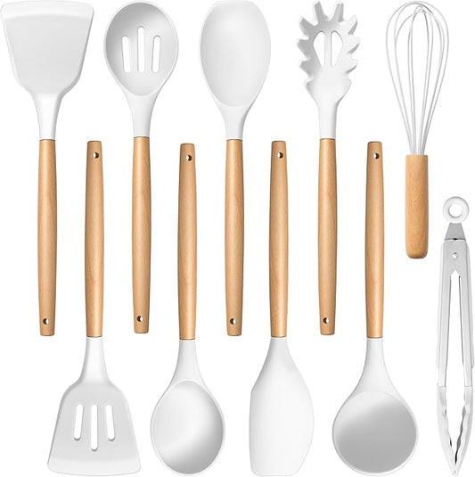 E-far Silicone Cooking Utensils Set, 446℉ Heat Resistant 10PCS Kitchen Utensils Set with Wooden Handle for Nonstick Cookware, Kitchen Tools Spatula Whisk Tongs Ladle, Non-toxic & Healthy, White by E-far