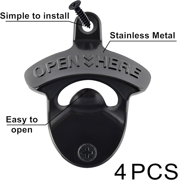 Classic Black Wall Mount Beer Bottle Opener, Rust-free Wall Hanging Beer Bottle Cap Opener for Bar Patio Hotel (4 Packs) - Image 2