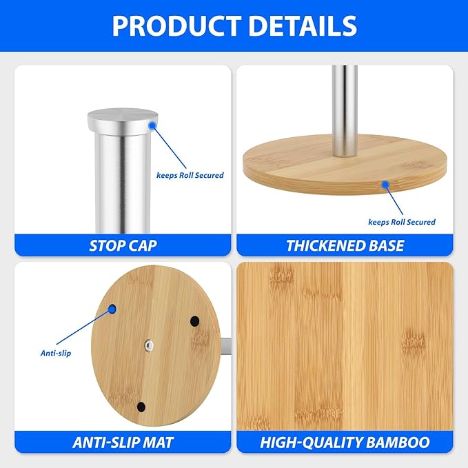 Wooden Paper Towel Holder Countertop, Sliver, Non-Slip Base, Stainless Steel, FreeStanding, Easy Install, Durable, Ideal for Home,RV,Bathroom,Farmhouse Essentials Decor Accessories
