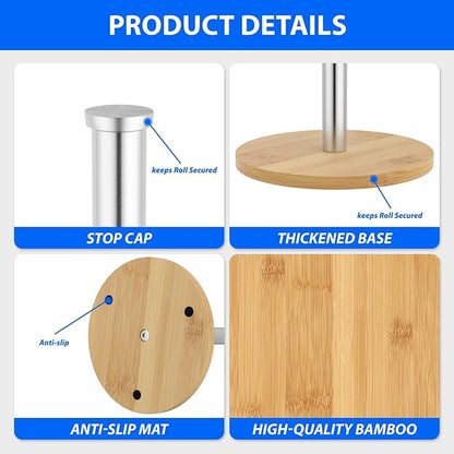 Wooden Paper Towel Holder Countertop, Sliver, Non-Slip Base, Stainless Steel, FreeStanding, Easy Install, Durable, Ideal for Home,RV,Bathroom,Farmhouse Essentials Decor Accessories