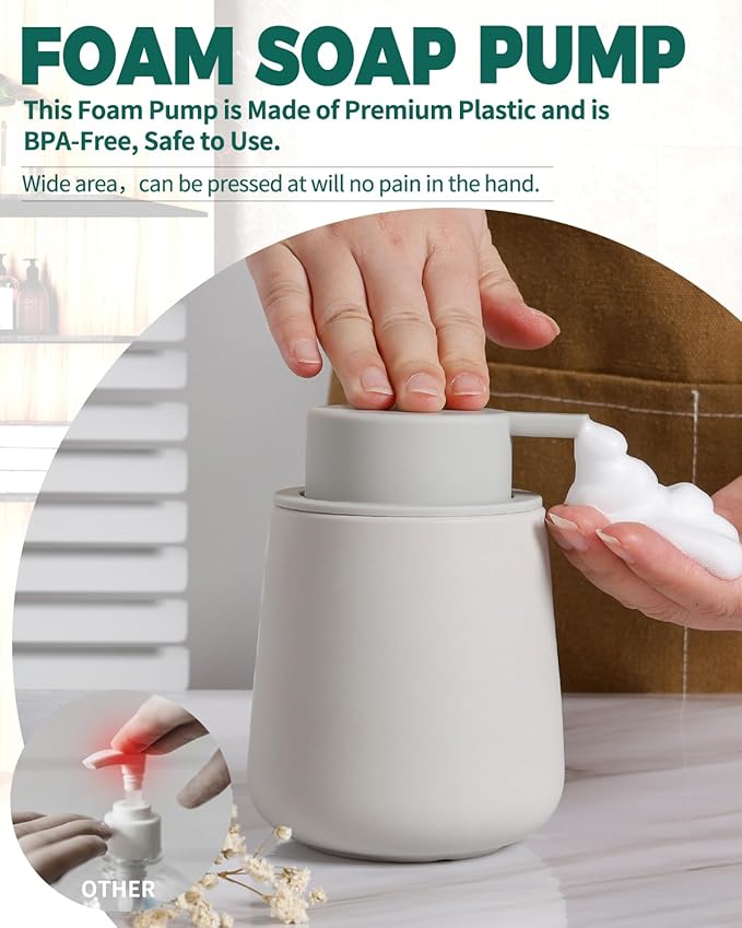 Bosilunlife Ceramic Foaming Soap Dispenser - 12Oz Bathroom Countertop Kitchen Dish Soap Pump Dispenser Foam Soap Dispenser - Matte Light Grey
