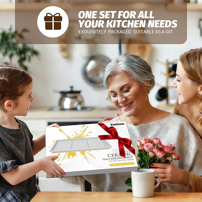 Nonstick Ceramic Baking Sheet With Rack, 2-Pack Half Sheet Pan, Non-Toxic, PTFE & PFOA Free, Warp-Free, Oven Safe 550°F, Dishwasher Safe, Aluminized Steel, Gray Yellow