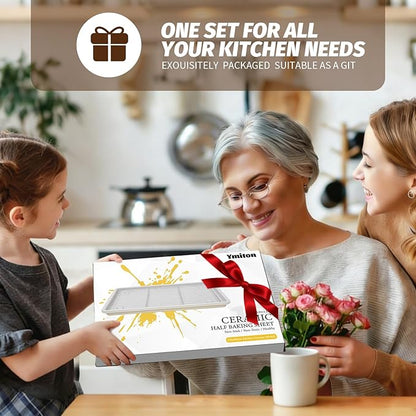 Nonstick Ceramic Baking Sheet With Rack, 2-Pack Half Sheet Pan, Non-Toxic, PTFE & PFOA Free, Warp-Free, Oven Safe 550°F, Dishwasher Safe, Aluminized Steel, Gray Yellow