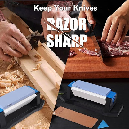 Knife Sharpening Stone,tri stone knife sharpener,3 Sides Grit 400/1000/5000,Whetstone Knife Sharpener with Non-Slip Base, Angle Guide & Leather Strop, for Kitchen Knives and Pocket Knives - Image 5