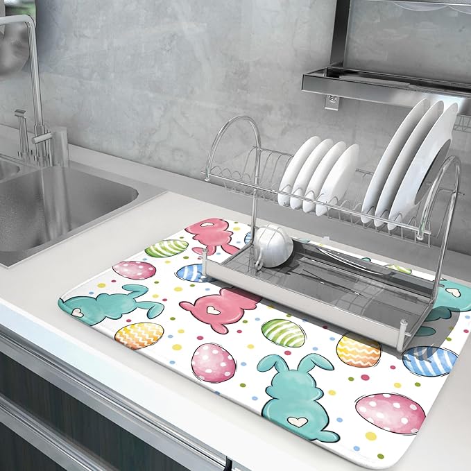 Easter Dish Drying Mat for Kitchen Counter Colorful Bunny Holiday Microfiber Absorbent Dish Draining Reusable Washable Foldable Extra Large 18"x24" - Image 5