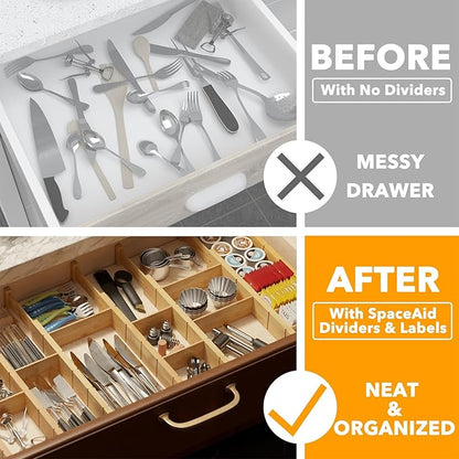SpaceAid Bamboo Drawer Dividers with Inserts and Labels, Kitchen Adjustable Drawer Organizers, Expandable Organization for Home, Office, Dressers, 10 Dividers with 24 Inserts (17"-22" Natural) - Image 2