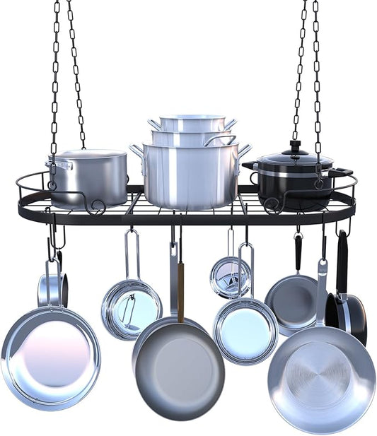33' Oval Pan Rack Hanging, Heavy Duty Ceiling Pot Rack with Hooks, Metal Pot Hanger with Grid, Pan and Pot Hangers for Kitchen Cookware Utensils Toiletries, Easy Assembly, Black