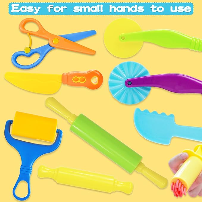 LCY WEDSHI Dough Tool Set, 9 Pcs Dough Tools Sets for Kids Ages 4-8, Dough Accessories Includes Cutters Roller, Rolling Pins, Safety Scissors, Plastic Knife, Plastic Rollers - Image 4