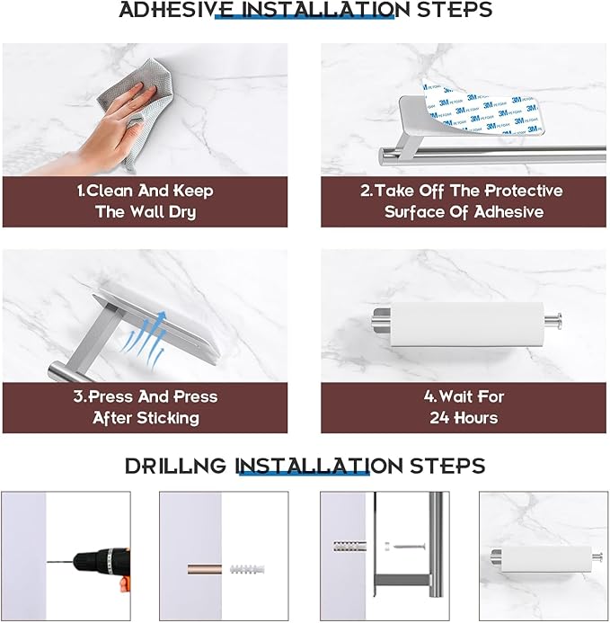 ASTOFLI Paper Towel Holder Under Cabinet No Drilling, Self Adhesive Paper Towel Holder Wall Mount for Kitchen Rack, Under Counter Napin Holder No Drill, RV, 304 Stainless Steel, Silver - Image 5