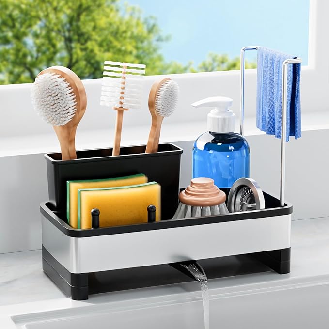 Laveshop Sponge Holder for Kitchen Sink, Rustproof Stainless Steel Sink Caddy with Auto-Drain, Removable Brush Holders, Soap and Dishcloth Organizer, Black by Unknown