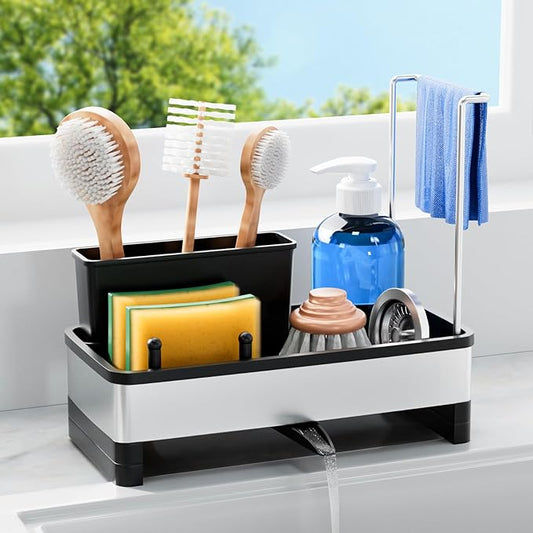 Laveshop Sponge Holder for Kitchen Sink, Rustproof Stainless Steel Sink Caddy with Auto-Drain, Removable Brush Holders, Soap and Dishcloth Organizer, Black by Unknown