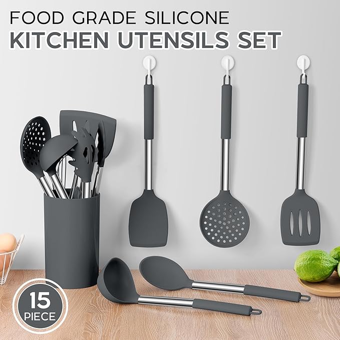Onader Kitchen Cooking Utensils Set of 15, Silicone and Stainless Steel Utensils Spatula Set with Holder, Heat Resistant & Dishwasher Safe - Grey - Image 3