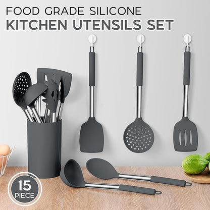 Onader Kitchen Cooking Utensils Set of 15, Silicone and Stainless Steel Utensils Spatula Set with Holder, Heat Resistant & Dishwasher Safe - Grey - Image 3